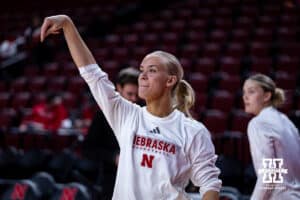 Nebraska Cornhuskers guard Alberte Rimdal (5) warms up to take on Michigan State Spartans during a college basketball game, Wednesday, January 8, 2025, in Lincoln, Nebraska. Photo by John S. Peterson.