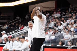 Omaha Mavericks head coach Chris Crutchfield shocked after a foul call during a college basketball game against Kansas City on January 8th, 2025 in Omaha Nebraska. Photo by Brandon Tiedemann.