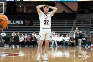 Omaha Mavericks Tony Osburn shocked after a foul during a college basketball game against Kansas City on January 8th, 2025 in Omaha Nebraska. Photo by Brandon Tiedemann.