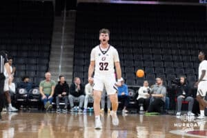 Omaha Mavericks Tony Osburn celebrates after a forced timeout during a college basketball game against Kansas City on January 8th, 2025 in Omaha Nebraska. Photo by Brandon Tiedemann.