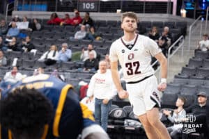Omaha Mavericks Tony Osburn celebrates after a made basket during a college basketball game against Kansas City on January 8th, 2025 in Omaha Nebraska. Photo by Brandon Tiedemann.