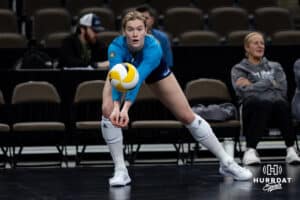 Supernovas outside hitter Lindsay Krause (22) warming up doing a dig during the Supernovas Media Day, Monday, January 6, 2025, in Omaha, Nebraska. Photo by John S. Peterson.