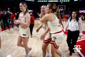 Nebraska Cornhuskers guard Logan Nissley (2) gives guard Allison Weidner (3) a hug after the win over the Penn State Nittany Lions during women’s college basketball game, Sunday, January 5, 2025, in Lincoln, Nebraska. Photo by John S. Peterson.