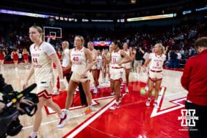 Nebraska Cornhuskers head back to the locker room after the win over the Penn State Nittany Lions during women’s college basketball game, Sunday, January 5, 2025, in Lincoln, Nebraska. Photo by John S. Peterson.