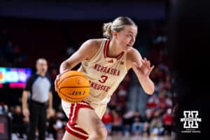 Nebraska Cornhuskers guard Allison Weidner (3) dribbles the ball against the Penn State Nittany Lions during women’s college basketball game, Sunday, January 5, 2025, in Lincoln, Nebraska. Photo by John S. Peterson.