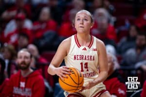 Nebraska Cornhuskers guard Callin Hake (14) looks to set up a shot against the Penn State Nittany Lions during women’s college basketball game, Sunday, January 5, 2025, in Lincoln, Nebraska. Photo by John S. Peterson.