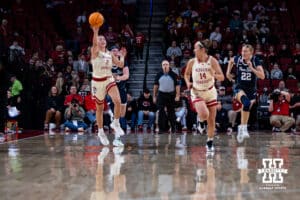 Nebraska Cornhuskers guard Logan Nissley (2) makes a pass to Nebraska Cornhuskers guard Callin Hake (14) against the Penn State Nittany Lions during women’s college basketball game, Sunday, January 5, 2025, in Lincoln, Nebraska. Photo by John S. Peterson.