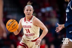 Nebraska Cornhuskers guard Callin Hake (14)drives to the lane against the Penn State Nittany Lions in the second half during women’s college basketball game, Sunday, January 5, 2025, in Lincoln, Nebraska. Photo by John S. Peterson.