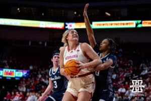Nebraska Cornhuskers center Alexis Markowski (40) drives to the basket against Penn State Nittany Lions guard Gabby Elliott (0) during women’s college basketball game, Sunday, January 5, 2025, in Lincoln, Nebraska. Photo by John S. Peterson.