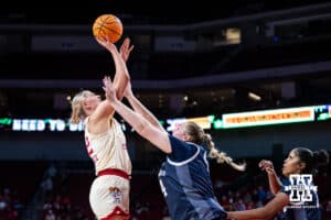 Nebraska Cornhuskers forward Jessica Petrie (12) takes a shot against Penn State Nittany Lions center Gracie Merkle (44) in the third quarter during women’s college basketball game, Sunday, January 5, 2025, in Lincoln, Nebraska. Photo by John S. Peterson.