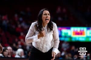 Nebraska Cornhuskers head coach Amy Williams reacts to a call by the referees during women’s college basketball game against the Penn State Nittany Lions, Sunday, January 5, 2025, in Lincoln, Nebraska. Photo by John S. Peterson.