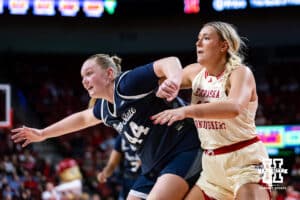 Nebraska Cornhuskers center Alexis Markowski (40) guards Penn State Nittany Lions center Gracie Merkle (44) in the first quarter during women’s college basketball game, Sunday, January 5, 2025, in Lincoln, Nebraska. Photo by John S. Peterson.