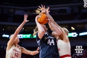 Nebraska Cornhuskers center Alexis Markowski (40) blocks Penn State Nittany Lions center Gracie Merkle (44) in the first quarter during women’s college basketball game, Sunday, January 5, 2025, in Lincoln, Nebraska. Photo by John S. Peterson.