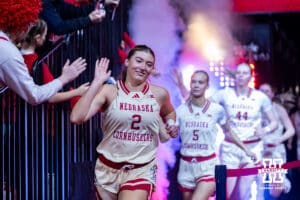 Nebraska Cornhuskers guard Logan Nissley (2) leads the Huskers out on to the court against the Penn State Nittany Lions during women’s college basketball game, Sunday, January 5, 2025, in Lincoln, Nebraska. Photo by John S. Peterson.