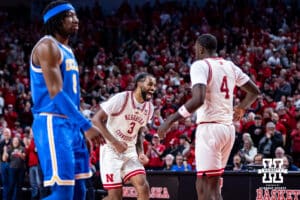Nebraska Cornhuskers guard Brice Williams (3) and forward Juwan Gary (4) celebrate the win over UCLA Bruins during a college basketball game on Saturday, January 4, 2024, in Lincoln, Nebraska. Photo by John S. Peterson.