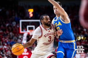 Nebraska Cornhuskers guard Brice Williams (3) drives to the lane against UCLA Bruins guard Lazar Stefanovic (10) in the second half during college basketball game, Saturday, January 4, 2024, in Lincoln, Nebraska. Photo by John S. Peterson.