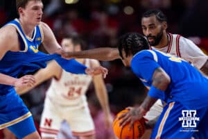 Nebraska Cornhuskers guard Brice Williams (3) guards UCLA Bruins guard Skyy Clark (55) in the second half during college basketball game, Saturday, January 4, 2024, in Lincoln, Nebraska. Photo by John S. Peterson.
