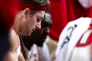 Nebraska Cornhuskers guard Sam Hoiberg (1) sitting the huddle against the UCLA Bruins in the second half during college basketball game, Saturday, January 4, 2024, in Lincoln, Nebraska. Photo by John S. Peterson.