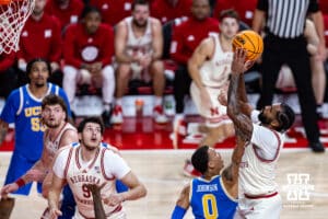 Nebraska Cornhuskers guard Brice Williams (3) drives to the basket for a layup against UCLA Bruins guard Kobe Johnson (0) in the second half during college basketball game, Saturday, January 4, 2024, in Lincoln, Nebraska. Photo by John S. Peterson.