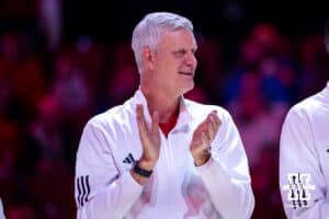 Former player Dan Hoppen on the court at halftime for alumni night during college basketball game against the UCLA Bruins, Saturday, January 4, 2024, in Lincoln, Nebraska. Photo by John S. Peterson.