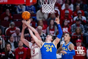 Nebraska Cornhuskers forward Berke Buyuktuncel (9) and UCLA Bruins forward Tyler Bilodeau (34) go for a rebound in the first half during college basketball game, Saturday, January 4, 2024, in Lincoln, Nebraska. Photo by John S. Peterson.