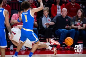 Nebraska Cornhuskers fans react to Sam Hoiberg diving for the ball against the UCLA Bruins in the first half during college basketball game, Saturday, January 4, 2024, in Lincoln, Nebraska. Photo by John S. Peterson.
