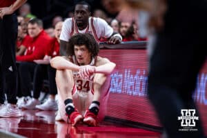 Nebraska Cornhuskers center Braxton Meah (34) and forward Juwan Gary (4) wait to get back in against the UCLA Bruins in the first half during college basketball game, Saturday, January 4, 2024, in Lincoln, Nebraska. Photo by John S. Peterson.