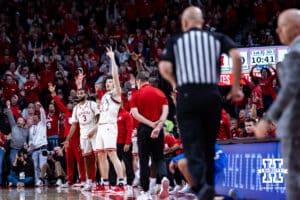 Nebraska Cornhuskers celebrates a three point shot against the UCLA Bruins in the first half during college basketball game, Saturday, January 4, 2024, in Lincoln, Nebraska. Photo by John S. Peterson.