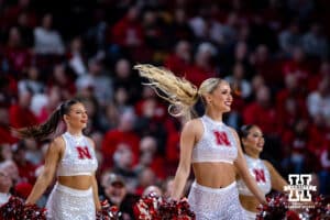Nebraska Cornhuskers Scarlets dance team perform at a break in the action against the UCLA Bruins during college basketball game, Saturday, January 4, 2024, in Lincoln, Nebraska. Photo by John S. Peterson.