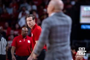 Nebraska Cornhuskers head coach Fred Hoiberg glances UCLA Bruins head coach DeShaun Foster directoion in the first half during college basketball game, Saturday, January 4, 2024, in Lincoln, Nebraska. Photo by John S. Peterson.