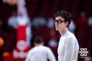 Nebraska Cornhuskers guard Gavin Griffiths (12) warms-up before taking on the UCLA Bruins during college basketball game, Saturday, January 4, 2024, in Lincoln, Nebraska. Photo by John S. Peterson.