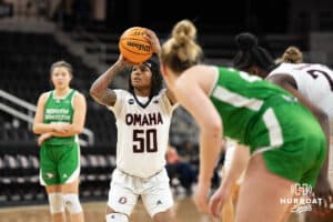 Omaha Mavericks Ja Harvey shoots a free throw during a college basketball game against North Dakota on January 2nd, 2025 in Omaha Nebraska. Photo by Brandon Tiedemann.