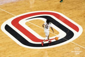 Omaha Mavericks Ja Harvey brings the ball up court during a college basketball game against North Dakota on January 2nd, 2025 in Omaha Nebraska. Photo by Brandon Tiedemann.