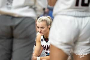 Omaha Mavericks Grace Cave in a timeout during a college basketball game against North Dakota on January 2nd, 2025 in Omaha Nebraska. Photo by Brandon Tiedemann.