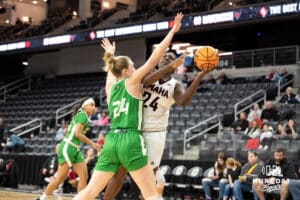Omaha Mavericks Morgann Gardner looks to shoot a layup during a college basketball game against North Dakota on January 2nd, 2025 in Omaha Nebraska. Photo by Brandon Tiedemann.
