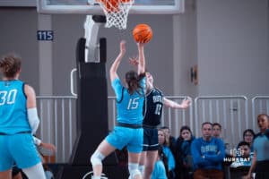 Creighton Bluejays Lauren Jensen takes a shot against the Butler Bulldogs during a college basketball game on Wednesday, January 1, 2025 in Omaha, Nebraska. Photo by Logan Hock.