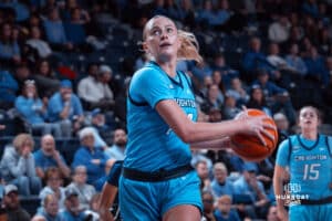 Creighton Bluejays Mallory Brake makes her way to the hoop against the Butler Bulldogs during a college basketball game on Wednesday, January 1, 2025 in Omaha, Nebraska. Photo by Logan Hock.