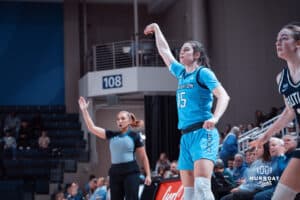 Creighton Bluejays Lauren Jensen takes a shot against the Butler Bulldogs during a college basketball game on Wednesday, January 1, 2025 in Omaha, Nebraska. Photo by Logan Hock.