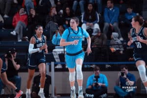 Creighton Bluejays Lauren Jensen runs down the court against the Butler Bulldogs during a college basketball game on Wednesday, January 1, 2025 in Omaha, Nebraska. Photo by Logan Hock.