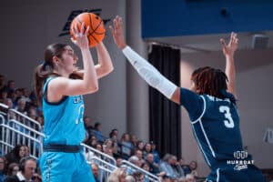 Creighton Bluejays Allison Heathcock, looks for an open teammate against the Butler Bulldogs during a college basketball game on Wednesday, January 1, 2025 in Omaha, Nebraska. Photo by Logan Hock.