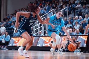 Creighton Bluejays Lauren Jensen advances to the hoop against the Butler Bulldogs during a college basketball game on Wednesday, January 1, 2025 in Omaha, Nebraska. Photo by Logan Hock.
