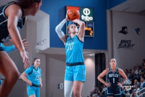 Creighton Bluejays Morgan Maly shoots a free throw against the Butler Bulldogs during a college basketball game on Wednesday, January 1, 2025 in Omaha, Nebraska. Photo by Logan Hock.