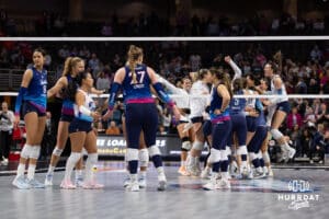 Orlando Valkyries celebrates a win over the Omaha Supernovas during professional volleyball event Thursday, February 27, 2025 in Lincoln, Nebraska. Photo by John S. Peterson.