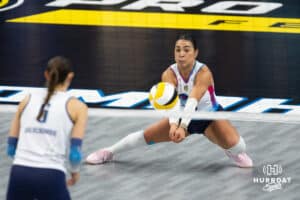 Omaha Supernovas Camila Gomez (10) passes the ball against Orlando Valkyries during professional volleyball event Thursday, February 27, 2025 in Lincoln, Nebraska. Photo by John S. Peterson.