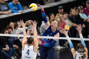 Omaha Supernovas Emily Londot (27) spikes the ball against Orlando Valkyrie Courtney Schwan (4) during professional volleyball event Thursday, February 27, 2025 in Lincoln, Nebraska. Photo by John S. Peterson.