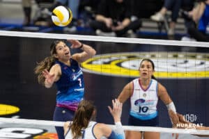 Omaha Supernovas Natalia Valentin-Anderson (1) dumps the ball against Orlando Valkyrie Natalie Foster (13) during professional volleyball event Thursday, February 27, 2025 in Lincoln, Nebraska. Photo by John S. Peterson.