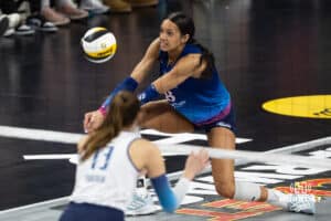 Omaha Supernovas Reagan Cooper (8) digs the ball against the Orlando Valkyries during professional volleyball event Thursday, February 27, 2025 in Lincoln, Nebraska. Photo by John S. Peterson.