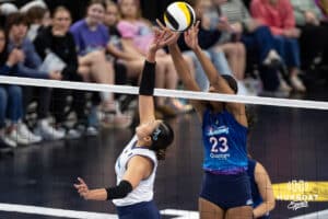 Omaha Supernovas Kaitlyn Hord (23) goes to block Orlando Valkyrie Pornpun Guedpard (3) during professional volleyball event Thursday, February 27, 2025 in Lincoln, Nebraska. Photo by John S. Peterson.
