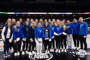Creighton Bluejays were present to show their trophy for being the Big East Champions during professional volleyball event between the Omaha Supernovas and Orlando Valkyries Thursday, February 27, 2025 in Lincoln, Nebraska. Photo by John S. Peterson.