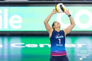 Omaha Supernovas Natalia Valentin-Anderson (1) sets the ball against the Orlando Valkyries during professional volleyball event Thursday, February 27, 2025 in Lincoln, Nebraska. Photo by John S. Peterson.